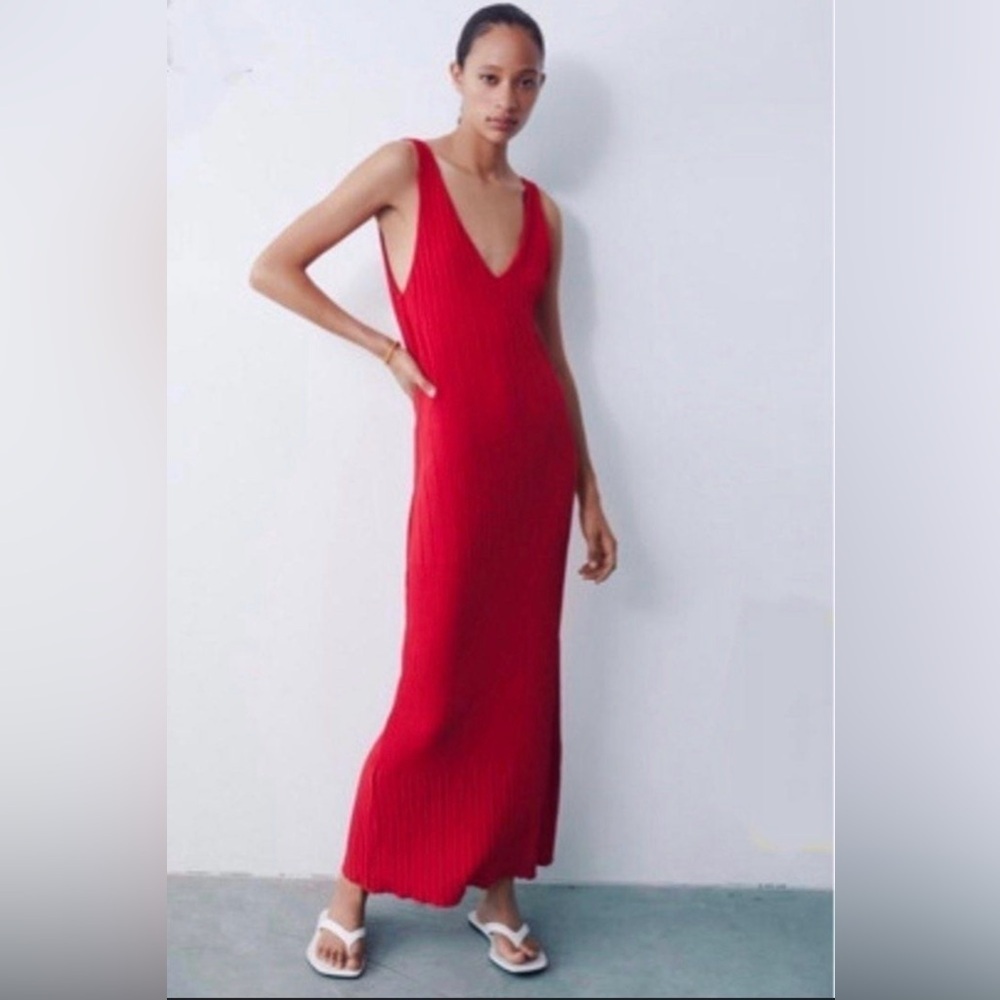 Zara red jacquard maxi ribbed dress NWT size large